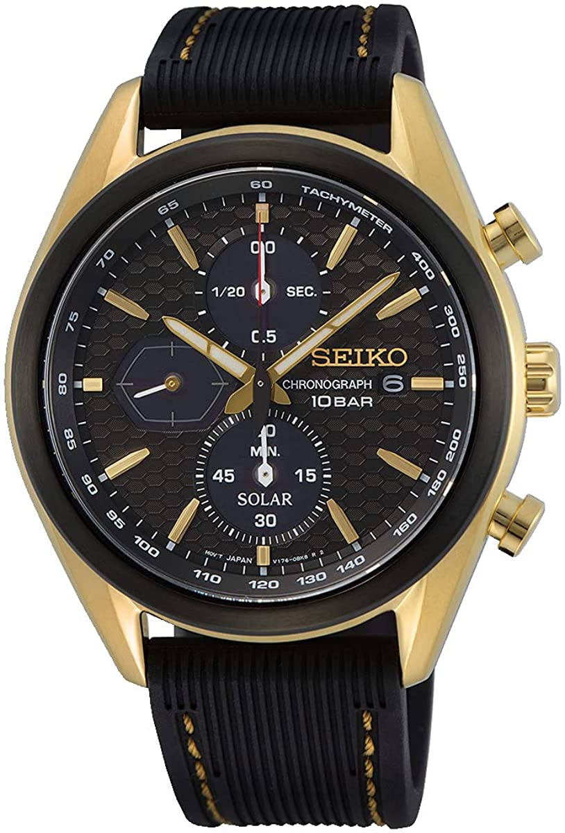 SEIKO Solar Chronograph Analog Calendar Tachymeter 10 ATM Water Resistant  SSC804P Black Black Gold Rubber Belt Made in Japan Movement Solar Chrono -  Discovery Japan Mall