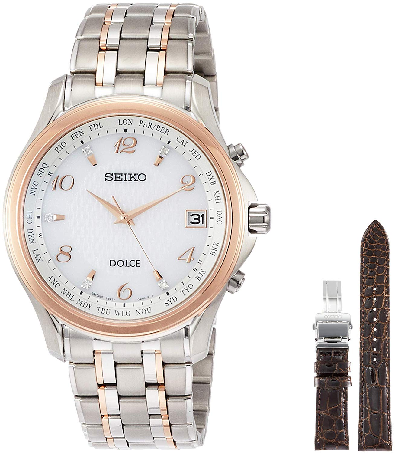 SEIKO DOLCE A good couple's day limited model 500 limited solar radio  titanium model White dial with diamonds Crocodile brown leather band  included SADZ204Men's Silver - Discovery Japan Mall