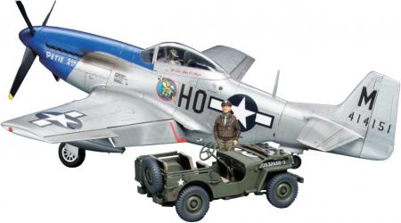 Tamiya 25205 1/48 Scale Limited Product US Army North American P-51D Mustang & 1/4 Ton Small 4 Wheel Drive Military Vehicle Set Plastic Model
