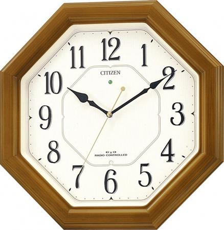 RHYTHM Citizen Wall Clock Radio Clock Analog High Brightness Full Luminous Octagonal Wood Brown CITIZEN Nemrina Look 4MY645-006