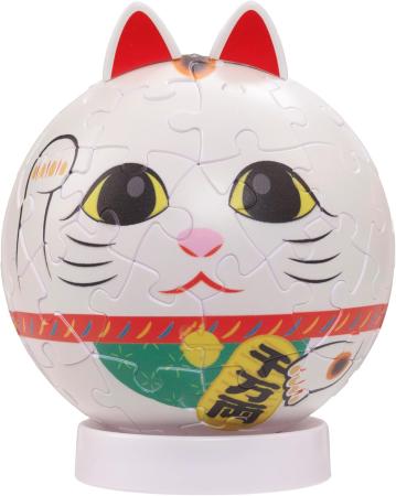 Puzzle Rolling Maneki-neko, White 60-Piece Jigsaw Puzzle, (Approx. 7.6cm Diameter), 2003-527, No Glue Required, Includes Piece Request Postcard, Instruction Manual, Base, and Ear Parts