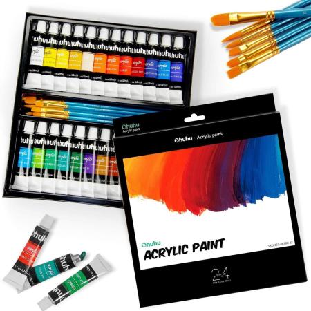 Ohuhu 30-piece Acrylic Paint Set, 24 Colors, 6 Brushes, 12ml