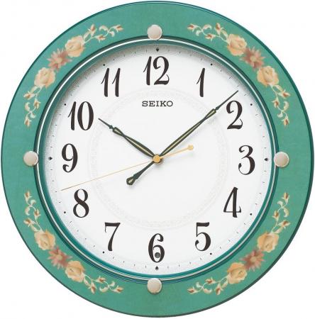 Seiko Clock Wall Clock Radio Analog Wooden Frame Green Floral Pattern KX220M