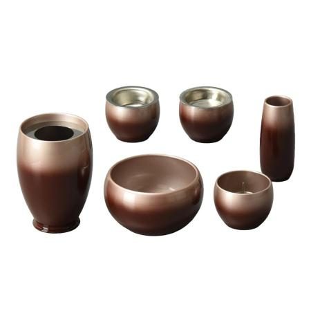 Japanese-made stainless steel Buddhist altar set in reddish purple. Includes a vase, flower vase, candle holder, incense burner, rice bowl, teacup, and incense holder. 