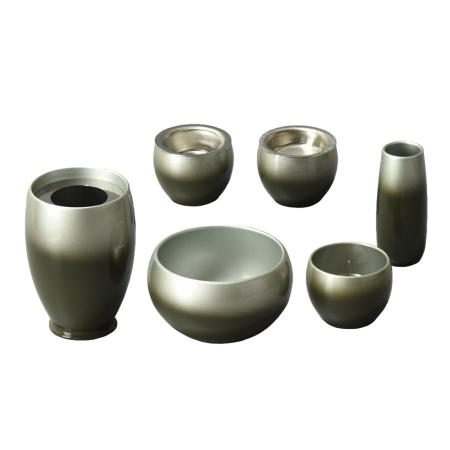 Japanese-made stainless steel green Buddhist altar set, including a vase, flower vase, candle holder, incense burner, rice bowl, teacup, and incense holder. 