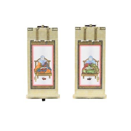 Side Buddha Hanging Scroll Set (21.5cm high) by Dengyo Daishi and Chisha Daishi, Side Scrolls, Side Attendants, with Hanging Scroll Stand, 