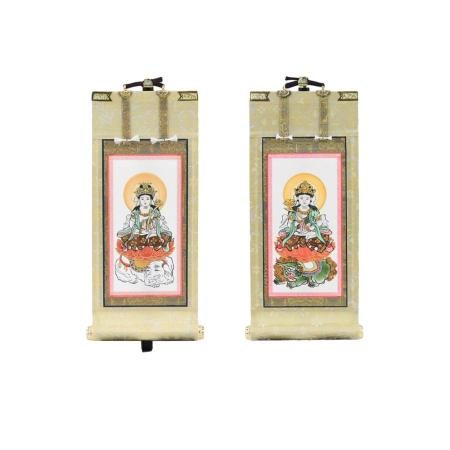 Side Buddha Hanging Scroll Set, 21.5cm High, Bodhisattva Samantabhadra and Manjusri, Side Scrolls, Side Attendants, with Hanging Scroll Stand, 