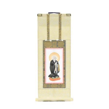 Jodo sect hanging scroll featuring a side Buddha and attendant figures. Stand sold separately. 