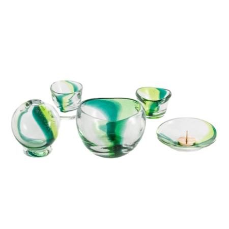 Modern, miniature green Buddhist altar set with five Buddhist altar accessories in light green, blown glass. Hasegawa Buddhist altar.