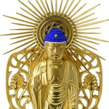 Wooden Buddhist statue, Jodo Shinshu Honganji sect, Nishi Amida, gold color. 